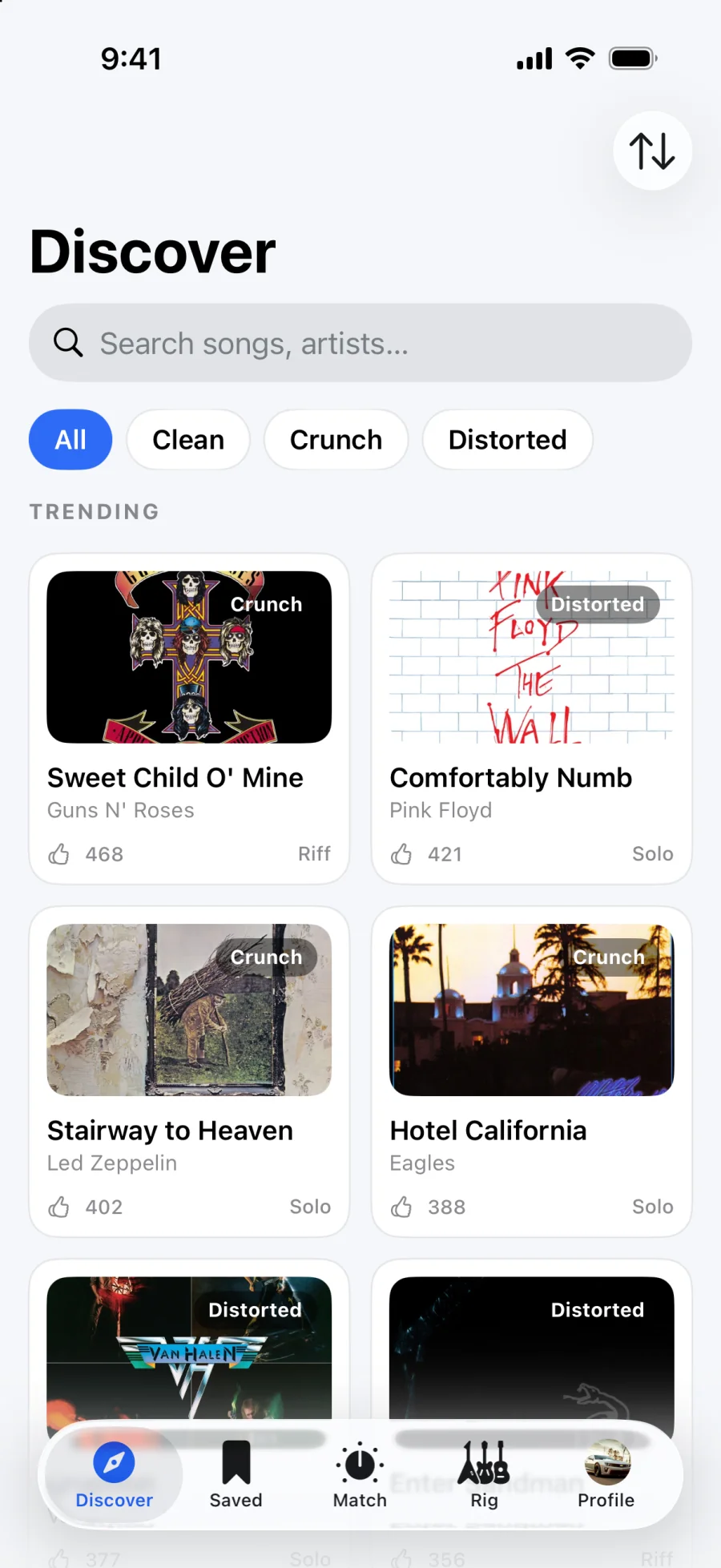 RigMatch Discover feed of iconic guitar tones